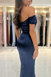 Simple Long Dark Navy Off-the-shoulder Sleeveless Mermaid Evening Dresses